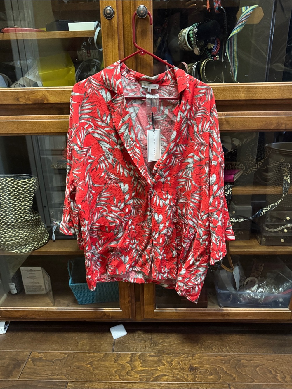 emory park Red Leaf-Print Button Front Blouse